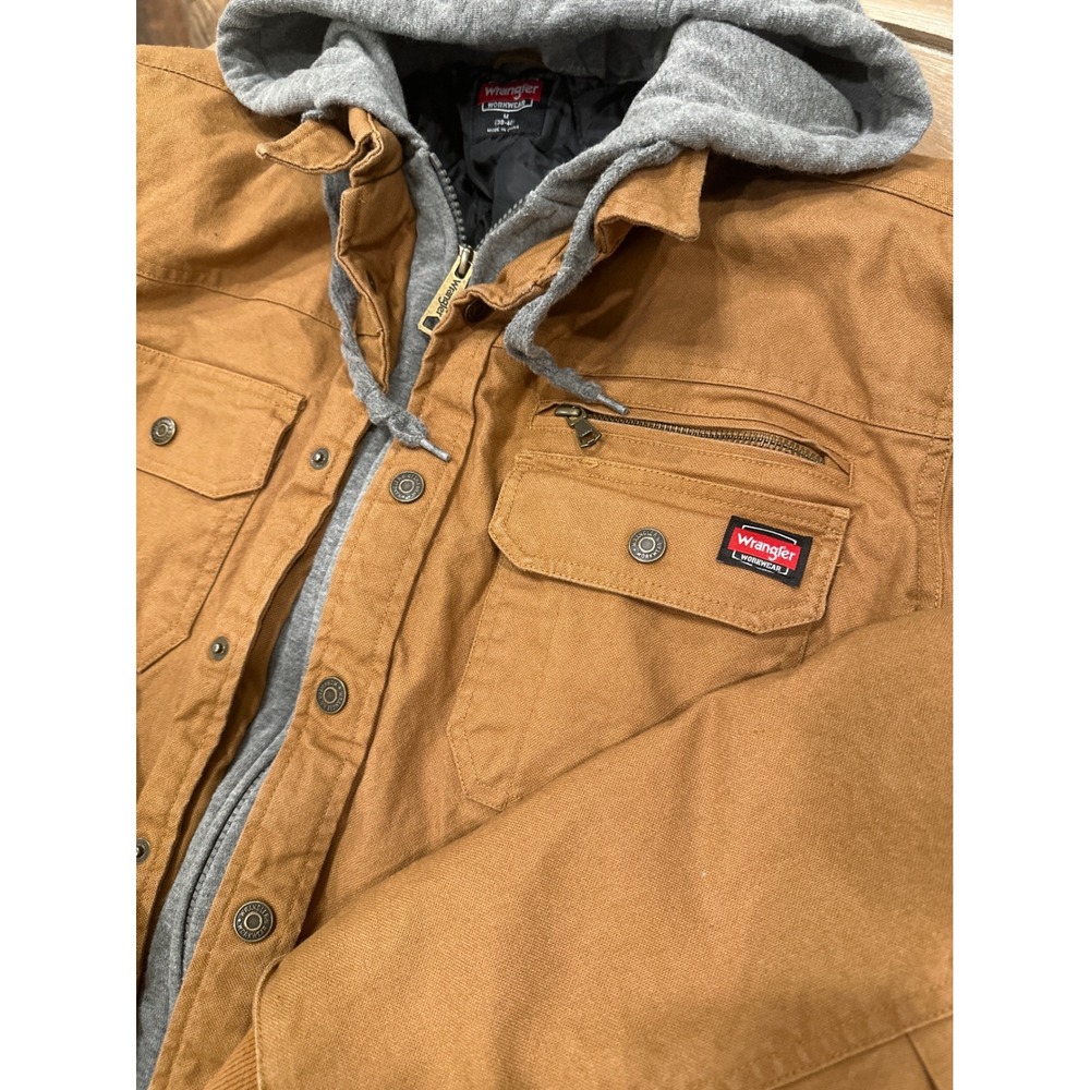 Wrangler Workwear Mens Brown Canvas Hooded Quilted Lined Jacket Coat Size M